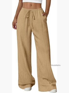 Wide Leg Palazzo Pants High Waisted Drawstring Flowy Beach Trousers with Pockets